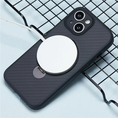 For iPhone 15 Case TPU+PC Carbon Fiber Texture Phone Cover with Rotatable Magnetic Kickstand