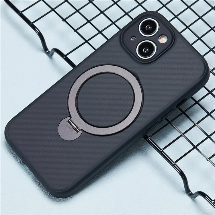 For iPhone 15 Case TPU+PC Carbon Fiber Texture Phone Cover with Rotatable Magnetic Kickstand
