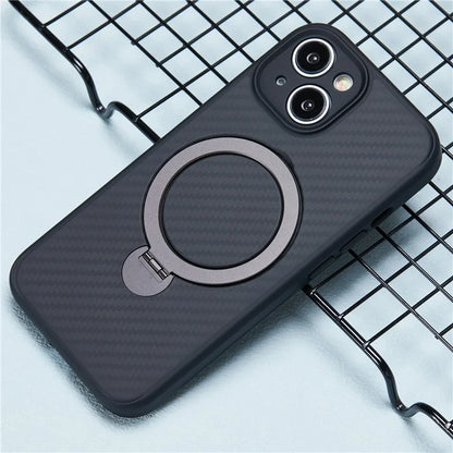For iPhone 15 Case TPU+PC Carbon Fiber Texture Phone Cover with Rotatable Magnetic Kickstand