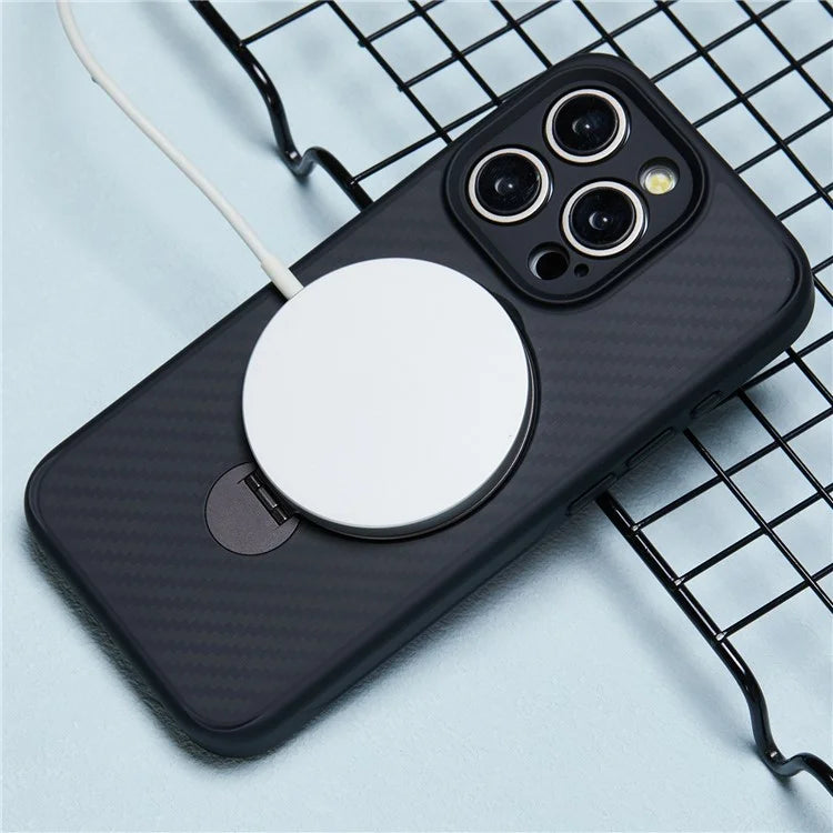 For iPhone 15 Pro Case Hidden Magnetic Kickstand TPU+PC Phone Cover Carbon Fiber Texture