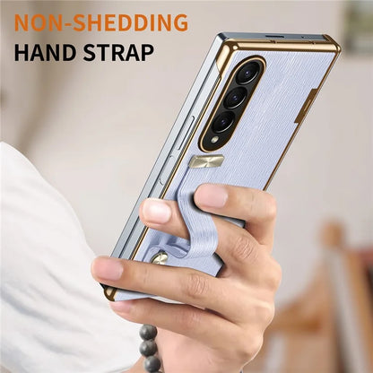For Samsung Galaxy Z Fold3 5G Case Kickstand Wrist Band Leather+PC Hard Phone Cover