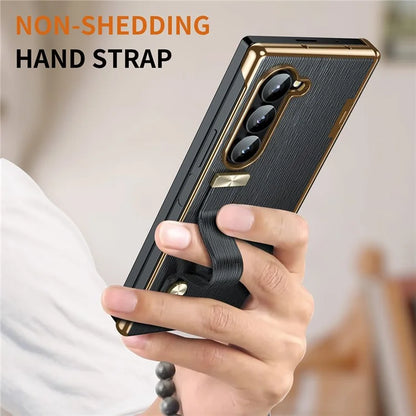 For Samsung Galaxy Z Fold5 5G Case Retractable Wrist Band Leather+PC Folding Phone Cover