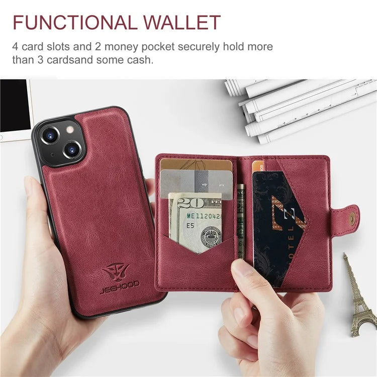JEEHOOD J01 For iPhone 13 Case Detachable Card Holder Leather Back Cover Compatible with MagSafe