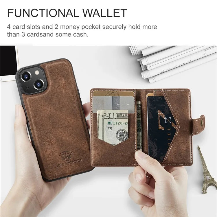 JEEHOOD J01 For iPhone 13 Case Detachable Card Holder Leather Back Cover Compatible with MagSafe