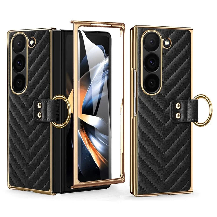 For Samsung Galaxy Z Fold6 5G Case V-Shape Pattern Kickstand PC Phone Cover