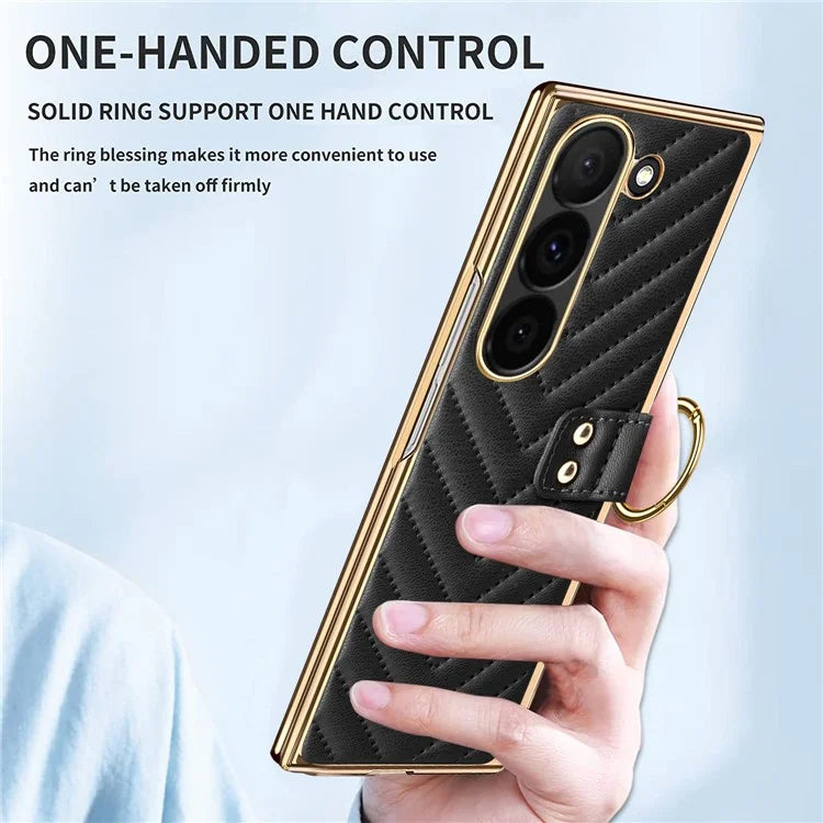 For Samsung Galaxy Z Fold6 5G Case V-Shape Pattern Kickstand PC Phone Cover