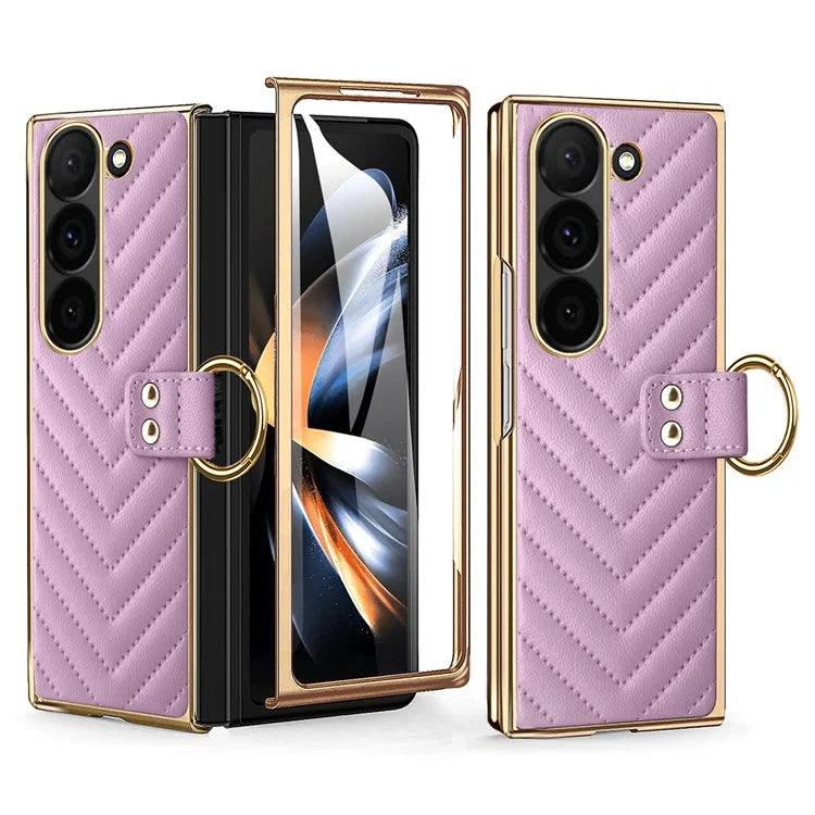 For Samsung Galaxy Z Fold6 5G Case V-Shape Pattern Kickstand PC Phone Cover
