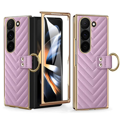 For Samsung Galaxy Z Fold6 5G Case V-Shape Pattern Kickstand PC Phone Cover