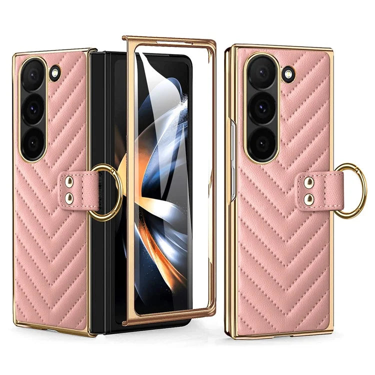 For Samsung Galaxy Z Fold6 5G Case V-Shape Pattern Kickstand PC Phone Cover