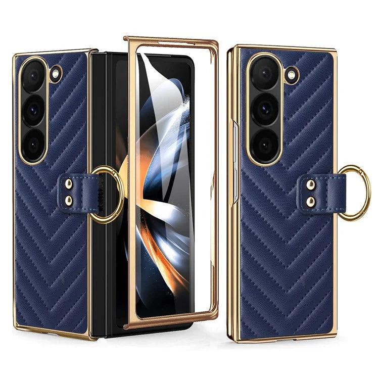 For Samsung Galaxy Z Fold6 5G Case V-Shape Pattern Kickstand PC Phone Cover