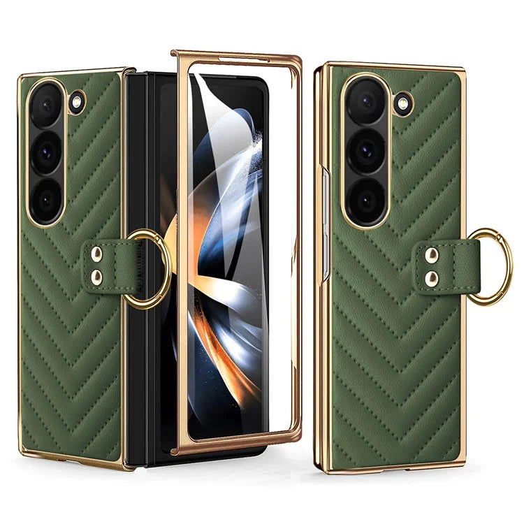 For Samsung Galaxy Z Fold6 5G Case V-Shape Pattern Kickstand PC Phone Cover