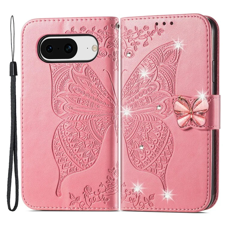For Google Pixel 8 Case Butterfly Flower Leather Phone Cover 3D Rhinestone Decor