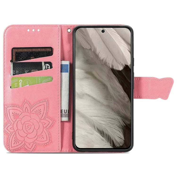 For Google Pixel 8 Case Butterfly Flower Leather Phone Cover 3D Rhinestone Decor
