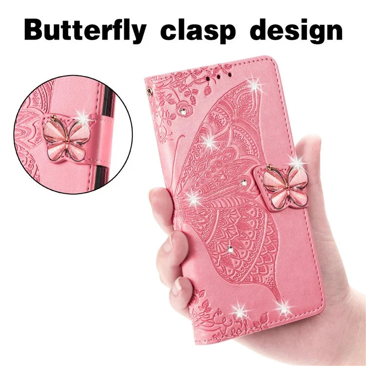 For Google Pixel 8 Case Butterfly Flower Leather Phone Cover 3D Rhinestone Decor