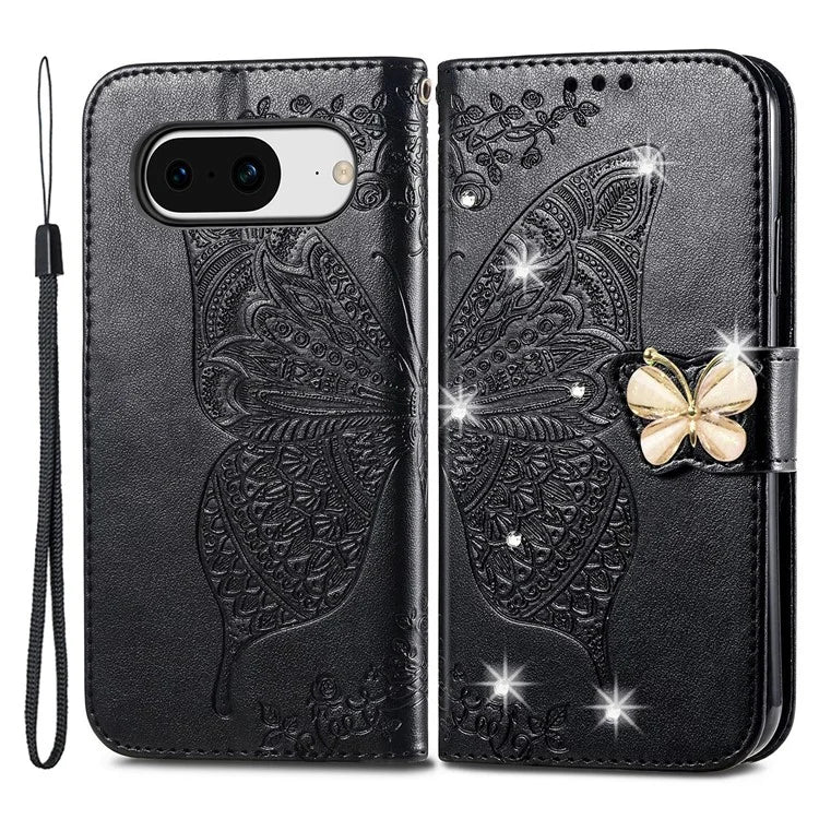 For Google Pixel 8 Case Butterfly Flower Leather Phone Cover 3D Rhinestone Decor