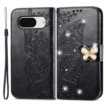 For Google Pixel 8 Case Butterfly Flower Leather Phone Cover 3D Rhinestone Decor