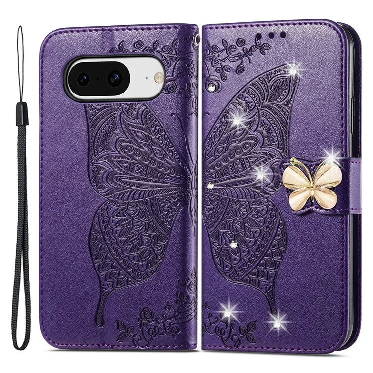 For Google Pixel 8 Case Butterfly Flower Leather Phone Cover 3D Rhinestone Decor