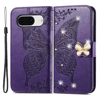 For Google Pixel 8 Case Butterfly Flower Leather Phone Cover 3D Rhinestone Decor