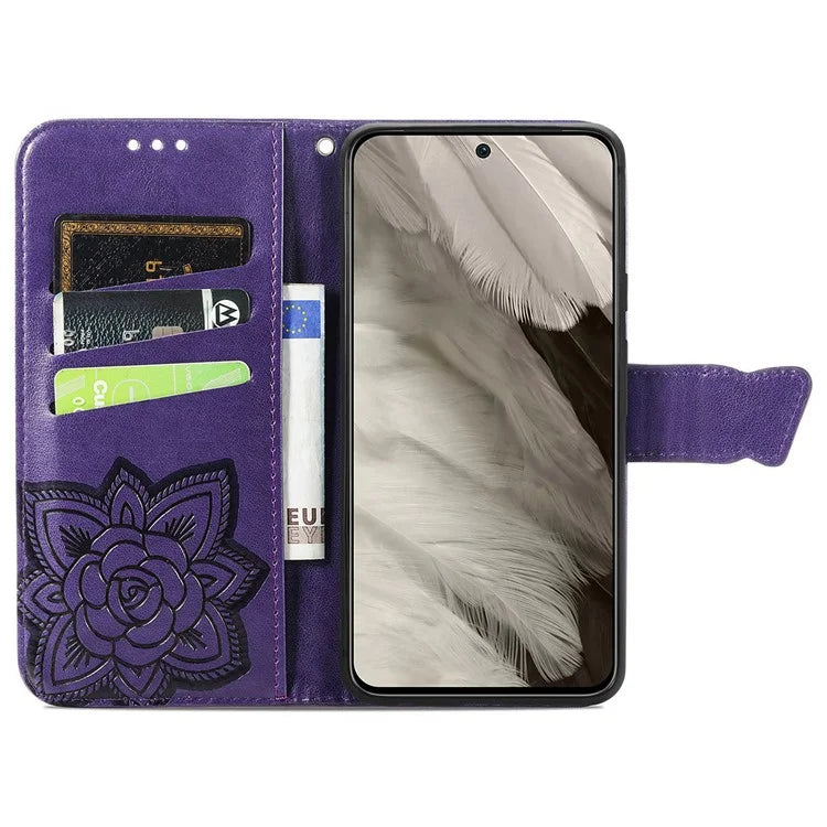 For Google Pixel 8 Case Butterfly Flower Leather Phone Cover 3D Rhinestone Decor