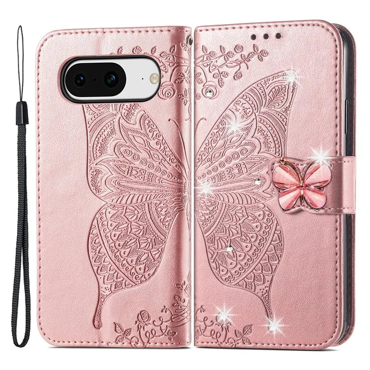 For Google Pixel 8 Case Butterfly Flower Leather Phone Cover 3D Rhinestone Decor