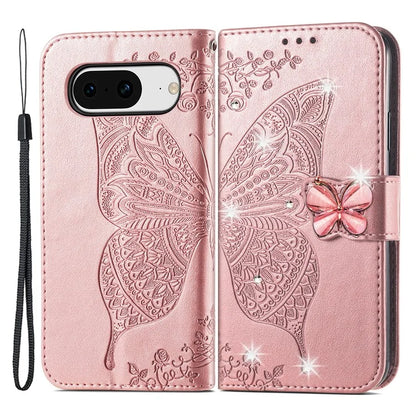 For Google Pixel 8 Case Butterfly Flower Leather Phone Cover 3D Rhinestone Decor