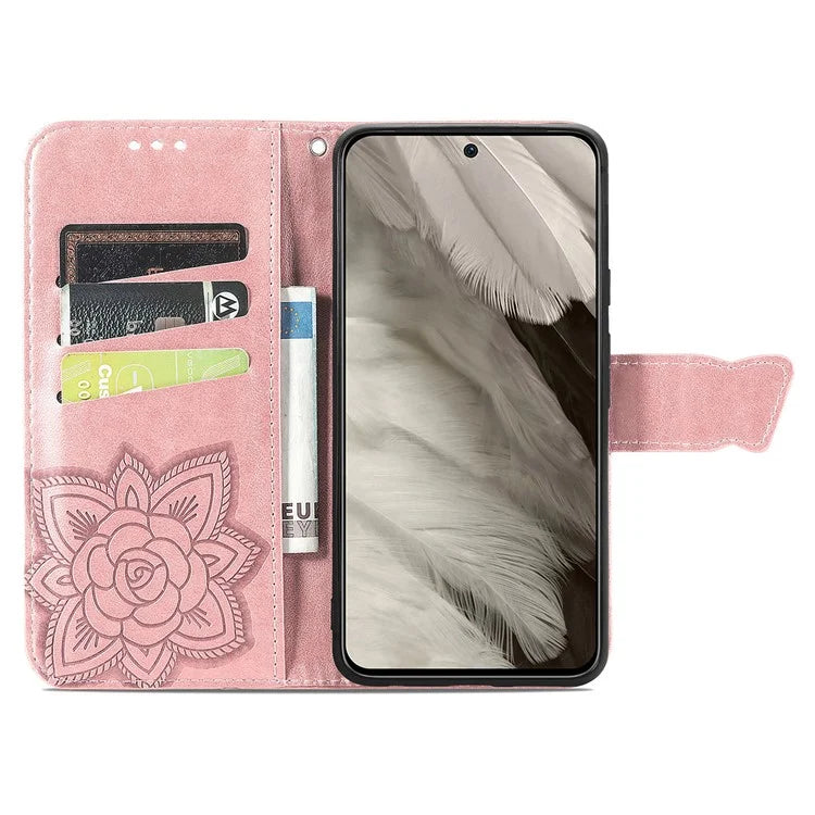 For Google Pixel 8 Case Butterfly Flower Leather Phone Cover 3D Rhinestone Decor
