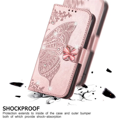 For Google Pixel 8 Case Butterfly Flower Leather Phone Cover 3D Rhinestone Decor