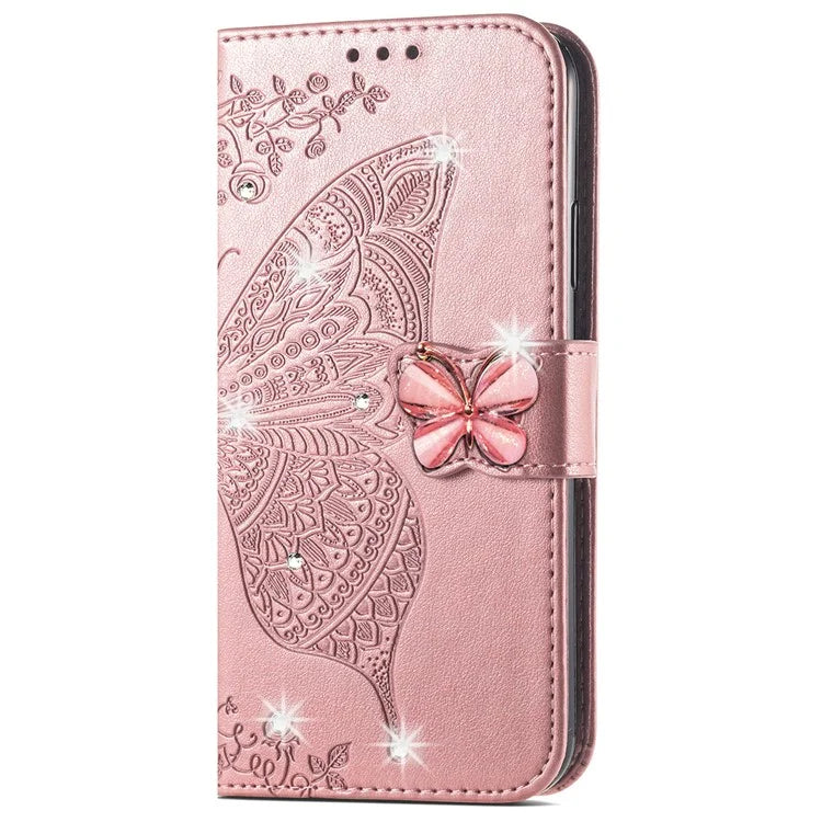 For Google Pixel 8 Case Butterfly Flower Leather Phone Cover 3D Rhinestone Decor