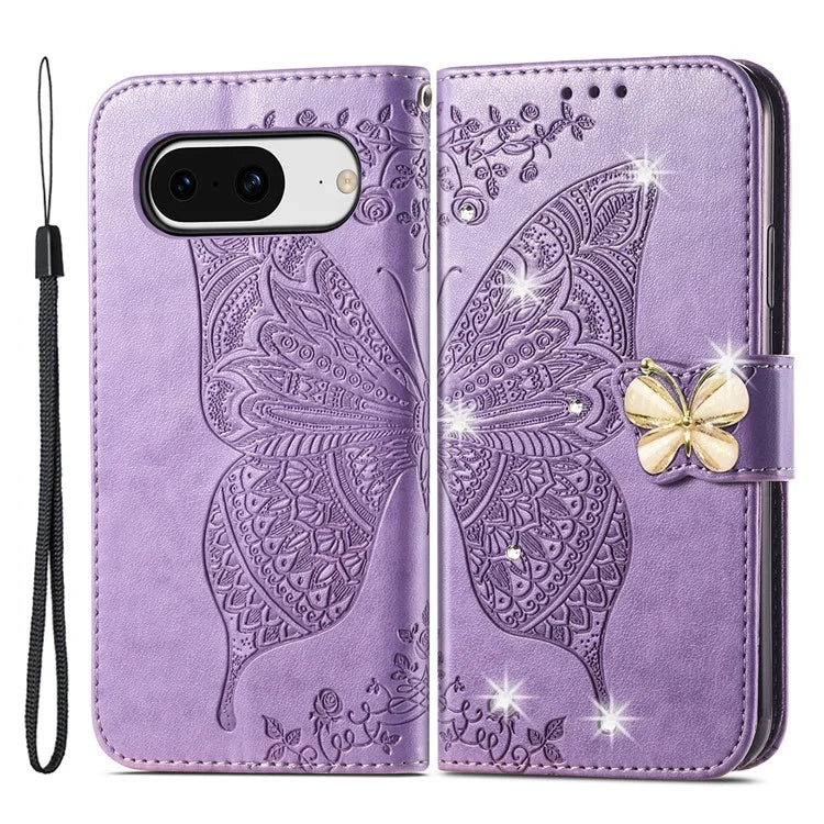 For Google Pixel 8 Case Butterfly Flower Leather Phone Cover 3D Rhinestone Decor