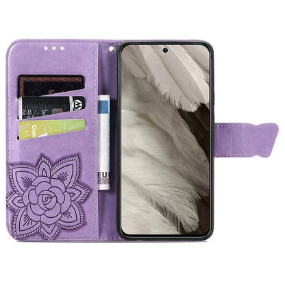 For Google Pixel 8 Case Butterfly Flower Leather Phone Cover 3D Rhinestone Decor