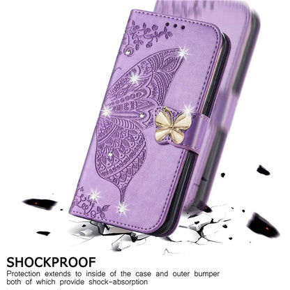 For Google Pixel 8 Case Butterfly Flower Leather Phone Cover 3D Rhinestone Decor