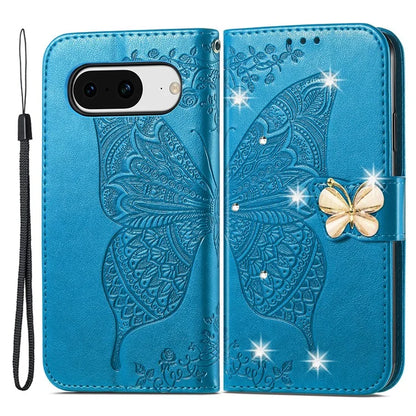 For Google Pixel 8 Case Butterfly Flower Leather Phone Cover 3D Rhinestone Decor