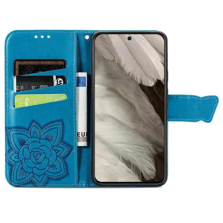 For Google Pixel 8 Case Butterfly Flower Leather Phone Cover 3D Rhinestone Decor