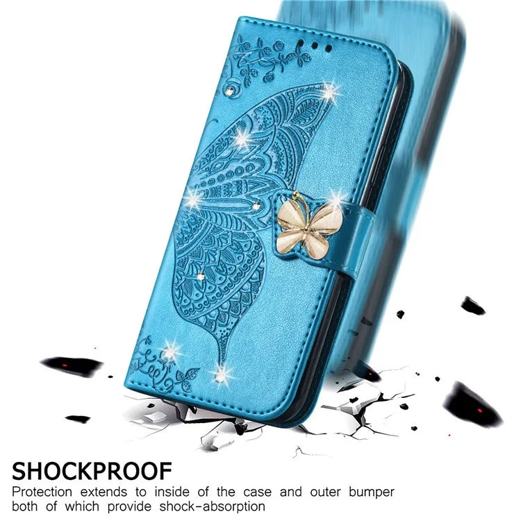 For Google Pixel 8 Case Butterfly Flower Leather Phone Cover 3D Rhinestone Decor