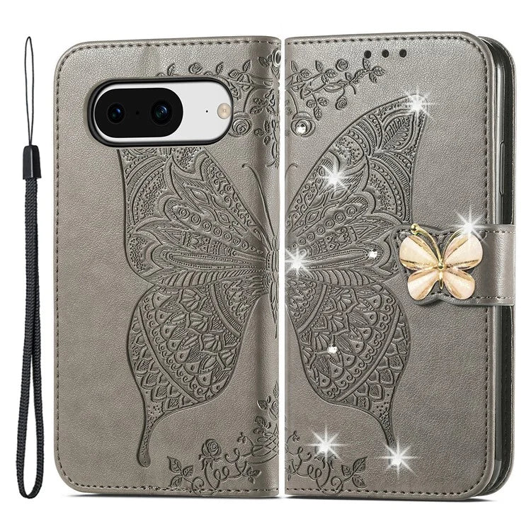 For Google Pixel 8 Case Butterfly Flower Leather Phone Cover 3D Rhinestone Decor