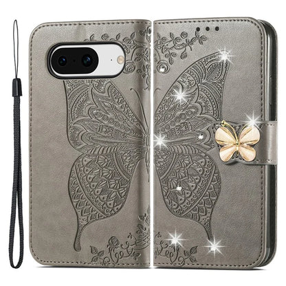 For Google Pixel 8 Case Butterfly Flower Leather Phone Cover 3D Rhinestone Decor