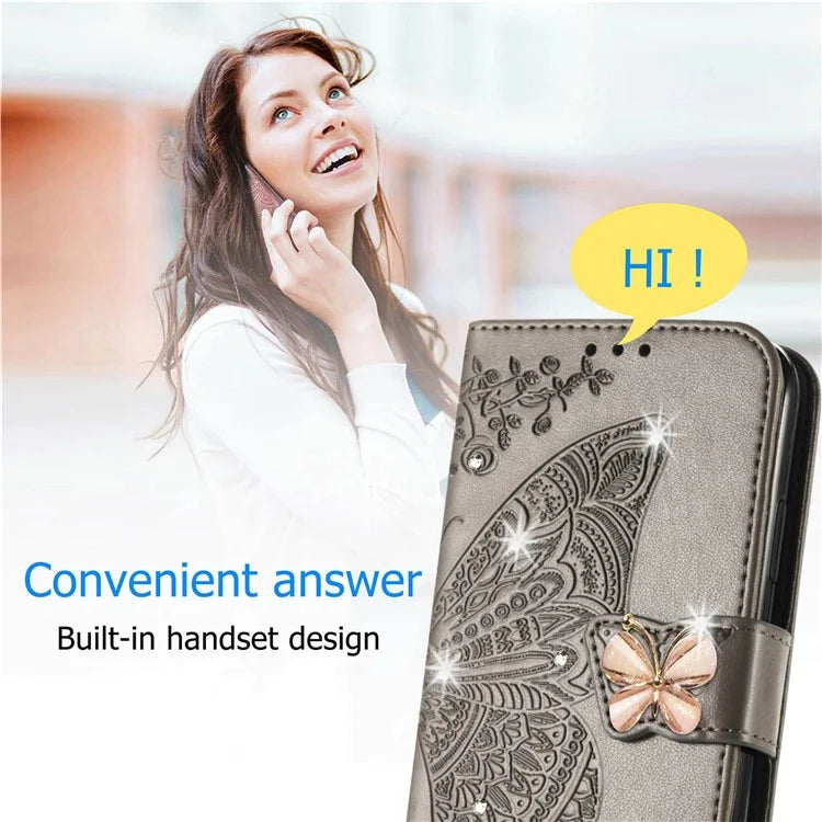 For Google Pixel 8 Case Butterfly Flower Leather Phone Cover 3D Rhinestone Decor