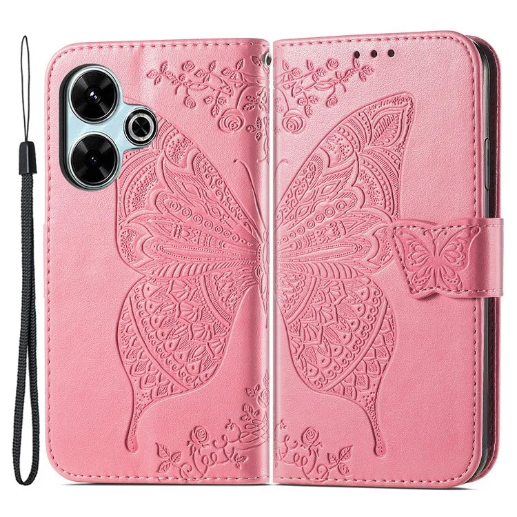 For Xiaomi Redmi 13 5G / 13 4G Case Stand PU Leather Phone Cover Butterfly and Flower Imprinted