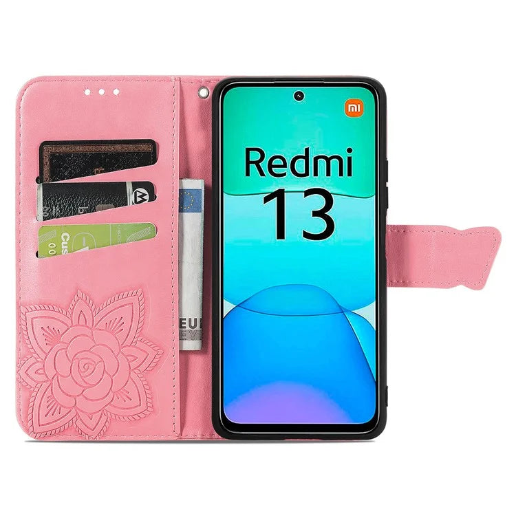 For Xiaomi Redmi 13 5G / 13 4G Case Stand PU Leather Phone Cover Butterfly and Flower Imprinted