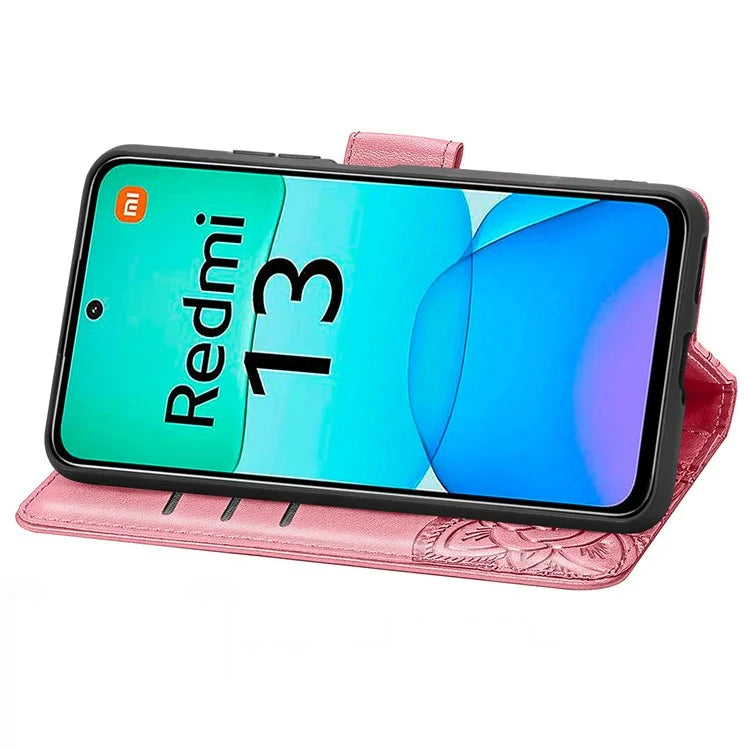 For Xiaomi Redmi 13 5G / 13 4G Case Stand PU Leather Phone Cover Butterfly and Flower Imprinted