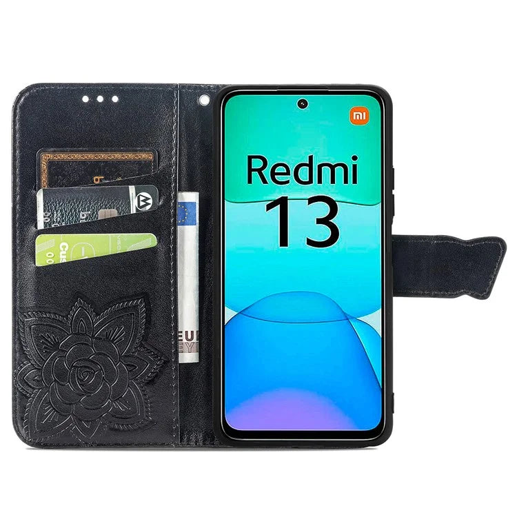 For Xiaomi Redmi 13 5G / 13 4G Case Stand PU Leather Phone Cover Butterfly and Flower Imprinted