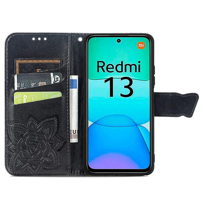 For Xiaomi Redmi 13 5G / 13 4G Case Stand PU Leather Phone Cover Butterfly and Flower Imprinted