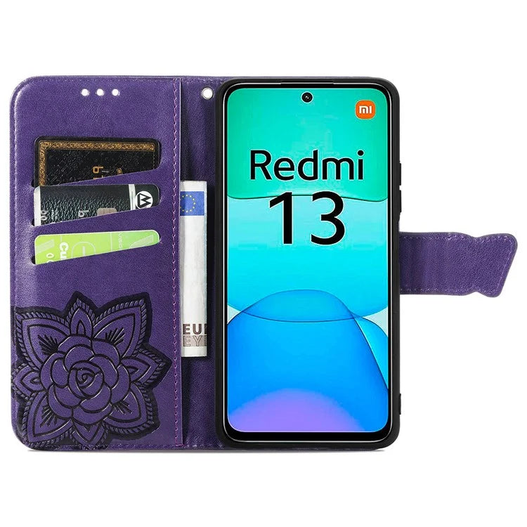 For Xiaomi Redmi 13 5G / 13 4G Case Stand PU Leather Phone Cover Butterfly and Flower Imprinted