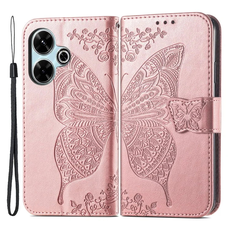 For Xiaomi Redmi 13 5G / 13 4G Case Stand PU Leather Phone Cover Butterfly and Flower Imprinted