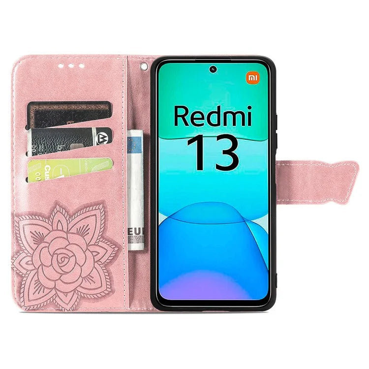 For Xiaomi Redmi 13 5G / 13 4G Case Stand PU Leather Phone Cover Butterfly and Flower Imprinted