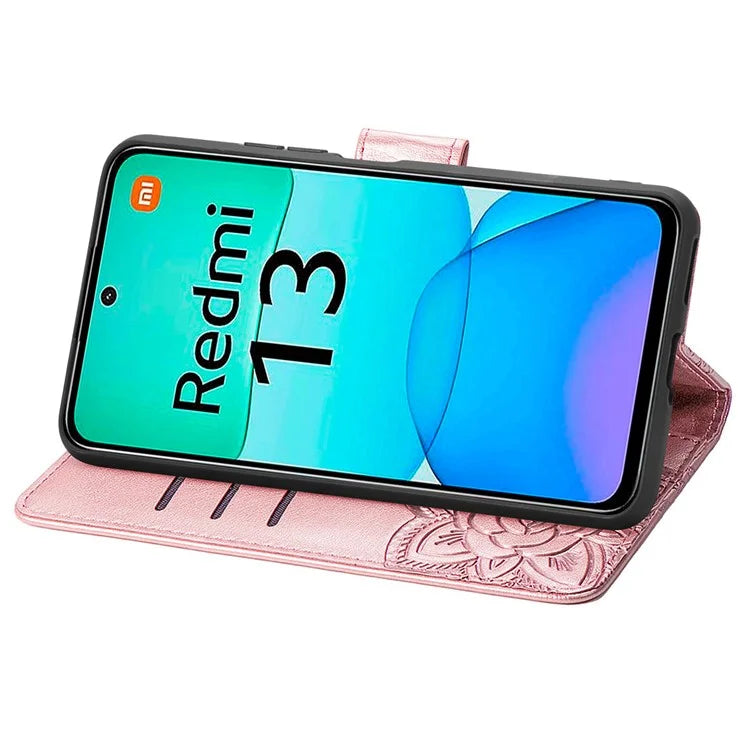 For Xiaomi Redmi 13 5G / 13 4G Case Stand PU Leather Phone Cover Butterfly and Flower Imprinted