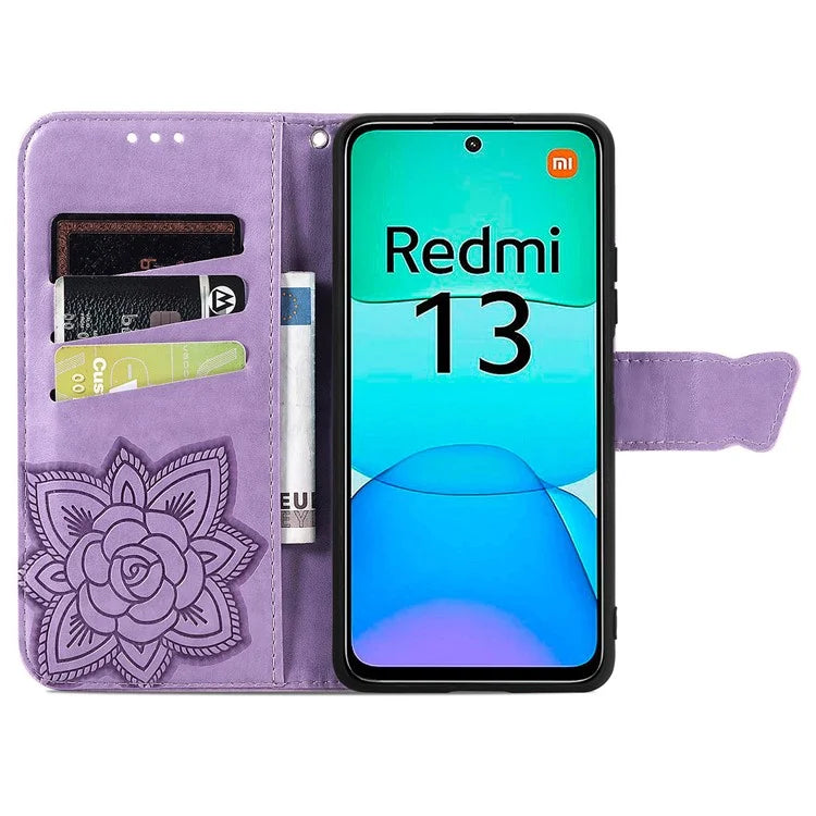 For Xiaomi Redmi 13 5G / 13 4G Case Stand PU Leather Phone Cover Butterfly and Flower Imprinted