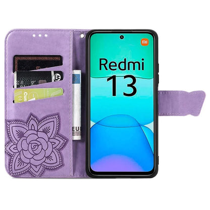 For Xiaomi Redmi 13 5G / 13 4G Case Stand PU Leather Phone Cover Butterfly and Flower Imprinted