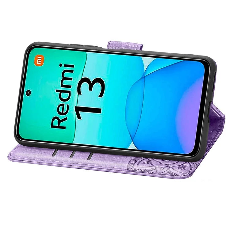 For Xiaomi Redmi 13 5G / 13 4G Case Stand PU Leather Phone Cover Butterfly and Flower Imprinted