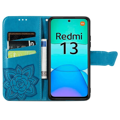 For Xiaomi Redmi 13 5G / 13 4G Case Stand PU Leather Phone Cover Butterfly and Flower Imprinted